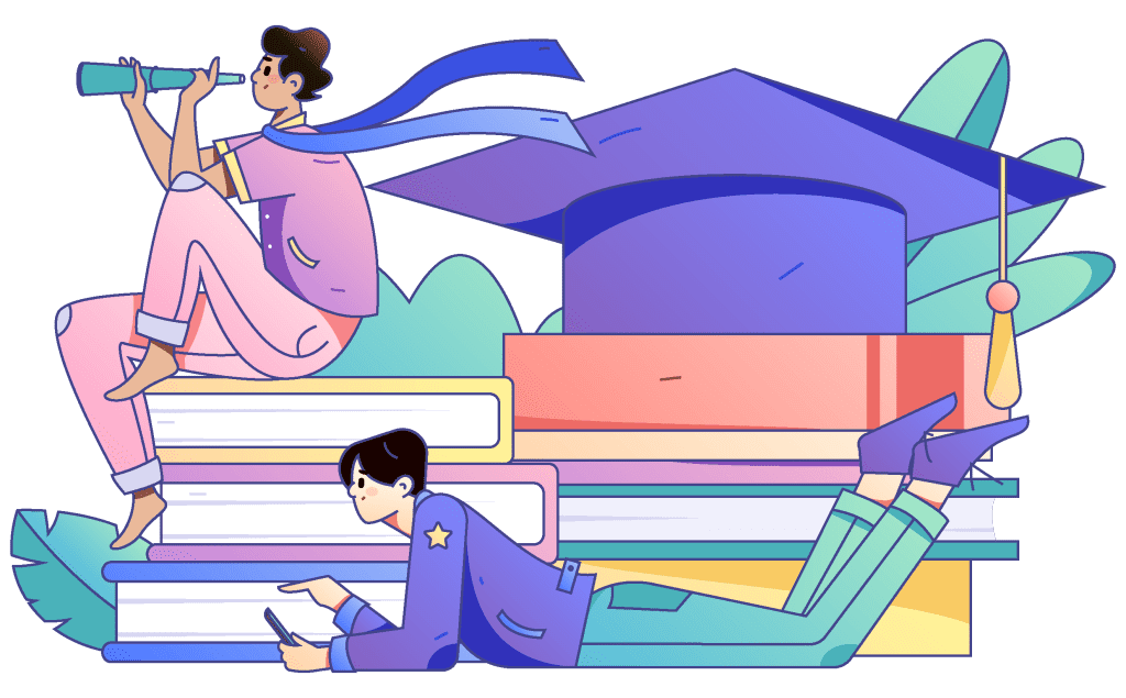 Illustration of two people and a stack of books